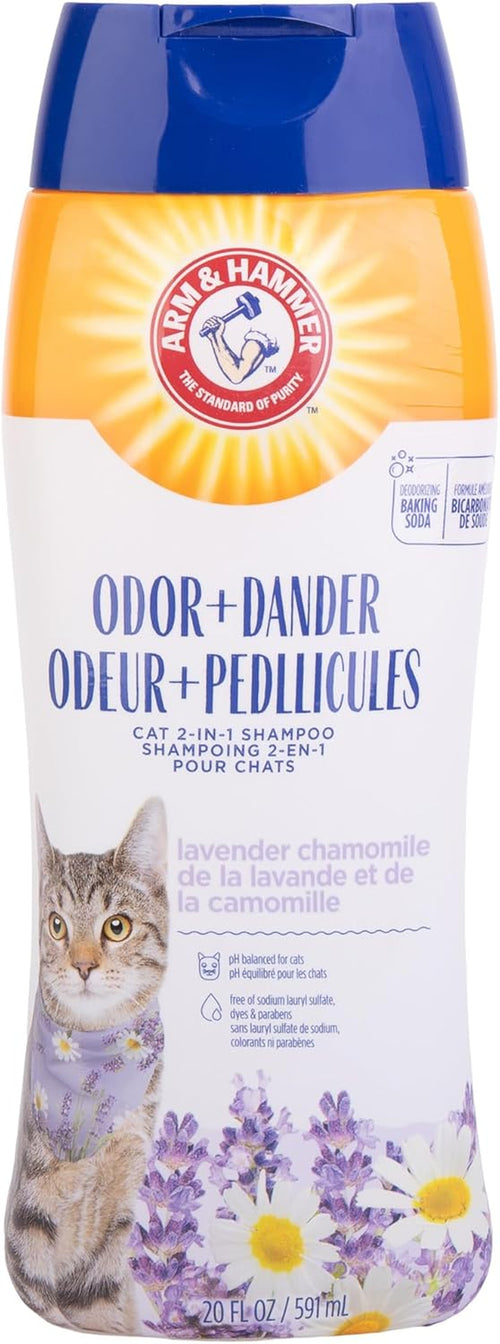 2-In-1 Deodorizing & Dander Reducing Shampoo for Cats, Baking Soda Cat Shampoo for Dander, Odor Control and Coat Cleaning, Lavender Chamomile Scent, 20 Fl Oz